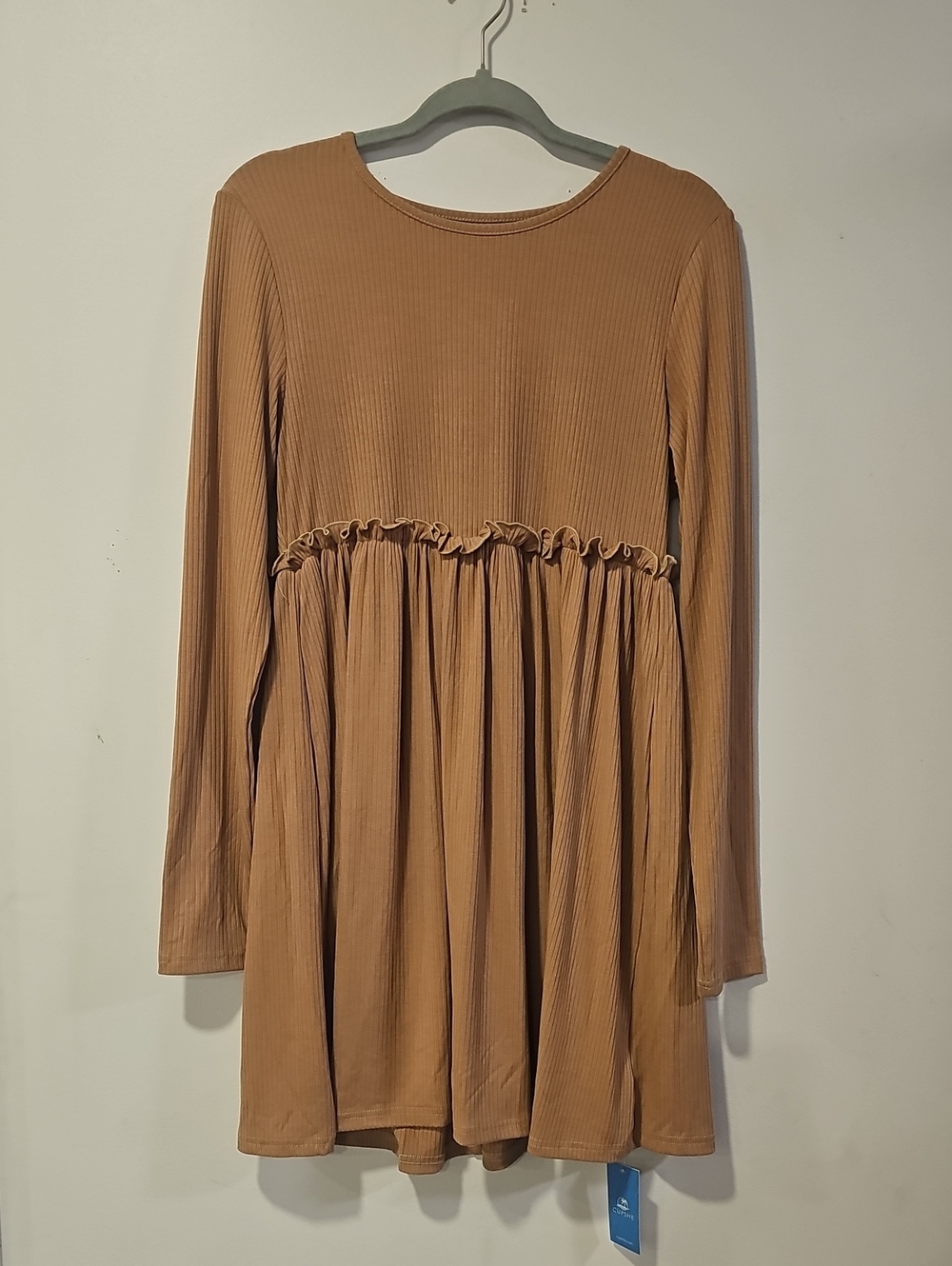 Cupshe Long Sleeve Ruffled Waist Swing Dress in Camel Brown